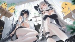 Rule 34 | 2girls, absurdly long hair, ass cutout, azur lane, black hair, black skirt, breasts, cleavage, clothing cutout, crotchless, crotchless pantyhose, formidable (azur lane), green eyes, hair between eyes, hair flowing over, highres, indomitable (azur lane), indomitable (ms. motivationless maid) (azur lane), large breasts, long hair, looking at viewer, maid headdress, manjuu (azur lane), matsogum, multiple girls, official alternate costume, pantyhose, siblings, sisters, skirt, very long hair, white pantyhose