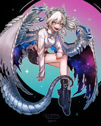 1girl black_shorts blue_eyes boots claws commentary_request crop_top dragon_girl dragon_horns dragon_tail dragon_wings fangs fingernails full_body highres hogara horns long_hair looking_at_viewer original shirt shorts slit_pupils solo star_(sky) tail torn_clothes torn_shorts torn_wings white_hair white_shirt wings