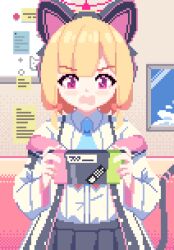 1girl animal_ear_headphones animal_ears animated animated_gif black_skirt blonde_hair blue_archive blue_necktie blush bow cat_ear_headphones cat_tail cloud collared_shirt fake_animal_ears fake_tail hair_bow halo handheld_game_console headphones holding indoors jacket long_sleeves low-tied_sidelocks momoi_(blue_archive) necktie o_o open_mouth piao_mao pink_eyes pink_halo pixel_art pleated_skirt shirt short_hair sidelocks skirt sky smile solo tail white_jacket white_shirt whiteboard window