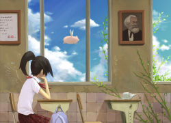 1girl black_hair chair classroom day desk fake_wings female_focus flying_pig g_tong head_rest indoors karl_marx nature pig ponytail real_life real_life_insert school school_desk school_uniform sitting skirt sky solo window wings