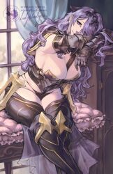 1girl armor bench black_armor black_gloves black_panties breasts camilla_(fire_emblem) cleavage curtains fire_emblem fire_emblem_fates gloves highres ladyverdigris large_breasts long_hair looking_at_viewer nintendo panties purple_hair red_eyes shoulder_armor sign sitting solo underwear wavy_hair window