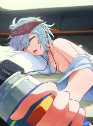 1girl absurdres artist_name bandana big_milk_(a39119716) breasts can cleavage closed_eyes commentary drooling g11_(girls&#039;_frontline) girls&#039;_frontline girls&#039;_frontline_2:_exilium grey_hair handheld_game_console headphones highres holding holding_can indoors long_sleeves lying mechty_(girls&#039;_frontline_2) medium_breasts mouth_drool on_stomach pillow red_bandana shirt short_hair single_off_shoulder sleeping solo white_shirt zzz