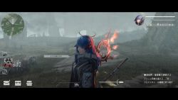 1girl arknights black_jacket blue_eyes character_name demon_horns detached_sleeves energy_wings fake_screenshot female_focus fire fog fur-trimmed_hood fur_trim gameplay_mechanics grass gyoukan_(jfxc) halo holding holding_staff hood hood_down hooded_jacket horns jacket letterboxed minimap mostima_(arknights) originium_arts_(arknights) outdoors overcast ruins sky solo speech_bubble staff stone translation_request upper_body user_interface weapon weapon_on_back
