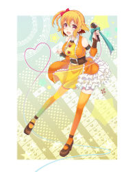 1girl bare_shoulders chain detached_sleeves dress female_focus frills heart heart_of_string high_heels highres idol kagerou_project kisaragi_momo komekomedan microphone orange_hair orange_thighhighs patterned_background solo thighhighs vocaloid yamaha