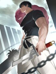 1boy adam&#039;s_apple black_hair black_shirt chain closed_mouth cloud cloudy_sky covered_abs covered_pectorals cursed_spirit_(jujutsu_kaisen) feet_out_of_frame frown fushiguro_touji highres holding holding_weapon inventory_curse_(jujutsu_kaisen) inverted_spear_of_heaven_(jujutsu_kaisen) jujutsu_kaisen looking_down male_focus mature_male pants pectorals shirt short_hair sky solo standing tight_clothes wariawabi weapon white_pants