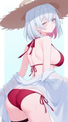1girl ass ass_focus bare_shoulders bikini blue_eyes blush breasts from_behind hat honkai:_star_rail honkai_(series) large_breasts looking_at_viewer looking_back multicolored_hair ndik one_eye_closed parted_lips red_hair short_hair sideboob solo straw_hat sweat swimsuit thigh_strap topaz_(honkai:_star_rail) two-tone_hair white_hair