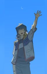 1boy absurdres black_shirt blue_background blue_hair bruno_(yu-gi-oh!) closed_eyes cowboy_shot highres jacket male_focus medium_hair moemoenomori shirt simple_background solo white_jacket yu-gi-oh! yu-gi-oh!_5d&#039;s