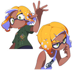 1boy absurdres blonde_hair breast_pocket closed_mouth collared_shirt dark-skinned_male dark_skin dress_shirt eyebrow_cut gradient_hair green_eyes green_shirt hand_up highres inkling inkling_boy inkling_player_character male_focus multicolored_hair multiple_views nintendo open_hand orange_hair pocket pointy_ears shirt short_hair short_sleeves simple_background splatoon_(series) surume01417 tank_top tentacle_hair thick_eyebrows white_background white_tank_top wide-eyed