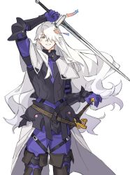 1boy armor black_armor chickenuma_0 cowboy_shot fate/requiem fate_(series) galahad_(fate) galahad_alter_(fate) gloves hair_over_one_eye hand_on_hilt highres holding holding_sword holding_weapon knight long_hair looking_at_viewer male_focus simple_background smile solo sword weapon white_background white_hair yellow_eyes