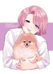 1girl :p absurdres animal animal_hug arimura_mao asymmetrical_bangs brown_dog commentary dog fingernails gakuen_idolmaster highres idolmaster long_sleeves looking_at_viewer pink_hair pomeranian_(dog) purple_eyes shirt short_hair solo tongue tongue_out white_shirt yokoya_inori