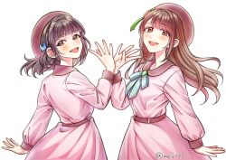 2girls 4th_live_dream_~bloom_the_dream_believers~ :d animification beret black_hair blue_ribbon blunt_bangs blush breasts brown_eyes brown_hair brown_hat cerise_bouquet commentary_request contrast_collar cowboy_shot dream_believers dress flower_hands flower_hands_duo flower_stand_art hair_intakes hair_ornament hanamiya_nina hat highres link!_like!_love_live! long_hair long_sleeves looking_at_viewer love_live! medium_breasts medium_hair meiji_(mosamoo3) mole mole_under_eye multiple_girls neck_ribbon nirei_nozomi official_alternate_costume open_mouth pink_dress rabbit_hair_ornament real_life ribbon rounded_collar sidelocks simple_background smile standing striped_ribbon twitter_username two-tone_ribbon voice_actor white_background yellow_ribbon