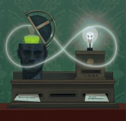box character_name commentary cube dale_vandermeer device english_text highres infinity_symbol laura_vanderboom lemonhairfox light_bulb no_humans paper printing rusty_lake statue vial wallpaper_(object)
