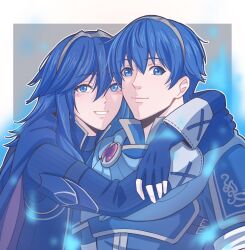 Rule 34 | 1boy, 1girl, ancestor and descendant, armor, aura, blue aura, blue eyes, blue gloves, blue hair, blush, brand of the exalt, cape, fingerless gloves, fire emblem, fire emblem: new mystery of the emblem, fire emblem awakening, fire emblem engage, fumiko (290976767), gloves, highres, hug, long hair, long sleeves, lucina (emblem) (fire emblem), lucina (fire emblem), marth (emblem) (fire emblem), marth (fire emblem), nintendo, outline, short hair, shoulder armor, smile, symbol in eye, tiara, upper body, white outline