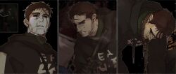 2boys afraid_of_monsters black_hoodie blood blood_on_face bloody_tears brown_hair clenched_teeth column_lineup david_leatherhoff dual_persona empty_eyes facial_hair game_screenshot_inset goatee highres hood hood_down hoodie ju-san multiple_boys multiple_views noose_necktie print_hoodie short_hair sweatdrop teeth the_addiction_(afraid_of_monsters) turtleneck