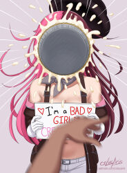 1girl 1other belt black_hat breasts brown_hair cleavage cream cslucaris english_text food food_on_face gloves grey_background grey_scarf hat highres holding holding_sign in_the_face long_hair medium_breasts midriff misunderstanding motion_blur multicolored_hair navel neopolitan_(rwby) off-shoulder_jacket off_shoulder pants pie_in_face pink_hair pov pov_hands pun rwby scarf sign simple_background solo split-color_hair stomach suspenders throwing two-tone_hair very_long_hair white_belt white_gloves white_pants