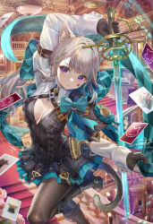 1girl animal_ears argyle black_capelet black_dress black_gloves blush boots bow breasts brown_pantyhose capelet card cat_ears cat_girl cat_tail cleavage cleavage_cutout clothing_cutout collared_dress commentary dress facial_mark genshin_impact gloves green_bow green_skirt grey_hair highres knee_boots long_hair looking_at_viewer lynette_(genshin_impact) medium_breasts pantyhose playing_card ponytail purple_eyes revision sidelocks skirt solo star_(symbol) star_facial_mark sword tail thighs torino_aqua two-tone_gloves weapon white_gloves white_sleeves