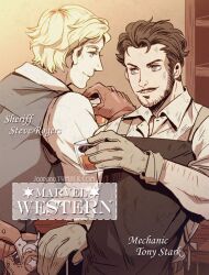 2boys alcohol apron avengers_(series) back black_apron blonde_hair blue_eyes brown_eyes brown_gloves brown_hair character_name closed_mouth collared_shirt commentary_request cup drinking_glass english_text facial_hair gloves grey_gloves grey_vest gun gun_sling hand_up handgun holding holding_cup indoors jo_(artist) long_sleeves looking_at_another male_focus marvel multiple_boys mustache shirt short_hair smile star_(symbol) star_print steve_rogers table tony_stark upper_body vest weapon whispering white_shirt