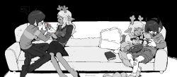 1boy 1girl antlers bandaid couch deer_antlers deltarune greyscale highres horns kris_(deltarune) monochrome nas_u noelle_holiday sitting spoilers