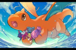 :d blurry brown_eyes character_doll claws cloud commentary_request day doll dragonite flying from_below gen_1_pokemon gen_2_pokemon gen_4_pokemon highres holding nintendo no_humans open_mouth outdoors pokemon pokemon_(creature) pouch roncha_(shumokumoku) shinx sky smile sneasel tongue water