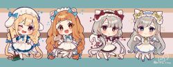 :d ;d animal_ears apron black_shoes blonde_hair blue_bow blue_dress blue_hairband blue_shoes blush book bow braid broom brown_dress brown_eyes brown_hair brown_hairband brown_shoes cake cake_slice cat_ears cat_tail chibi closed_mouth commentary_request cup dress fake_animal_ears food fork frilled_apron frilled_hairband frills fruit futaba_anzu grey_eyes grey_hair hair_over_shoulder hairband hand_on_own_hip hat highres hisakawa_hayate hisakawa_nagi holding holding_book holding_broom holding_fork holding_plate holding_tray ichihara_nina idolmaster idolmaster_cinderella_girls idolmaster_cinderella_girls_starlight_stage long_hair low_twintails maid maid_apron mob_cap one_eye_closed open_mouth pantyhose plate puffy_short_sleeves puffy_sleeves rabbit_ears rino_cnc shoes short_sleeves siblings sisters smile strawberry tail teacup teapot tray twin_braids twins twintails very_long_hair white_apron white_hat white_pantyhose wrist_cuffs