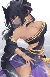 1girl absurdres animal_ears artist_name bandeau bare_shoulders black_bandeau black_hair black_panties black_sleeves breasts cat_ears cat_girl cat_tail cleavage dancer_(final_fantasy) detached_sleeves facial_mark final_fantasy final_fantasy_xiv highres jewelry large_breasts looking_at_viewer miqo&#039;te mouth_veil necklace panties ponytail sana_(sanamaru_0w0) sash signature solo tail underwear veil warrior_of_light_(ff14) whisker_markings yellow_eyes