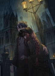 Rule 34 | 1boy, 1girl, architecture, arm around waist, black bonnet, black cape, black dress, black jacket, blue hair, bonnet, braid, building, cape, commission, couple, dress, formal clothes, gothic architecture, green eyes, grey sky, hair between eyes, hair over shoulder, highres, jacket, lamppost, lapels, original, outdoors, rain, red hair, side braid, skeb commission, sky, spire, suit, tensen (dotted line), twin braids, veil, vest, victorian