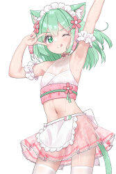 1girl :q animal_ears apron arm_up armband armpits breasts cat_ears cat_girl cat_tail closed_mouth commentary_request cowboy_shot frilled_apron frilled_armband frills green_eyes green_hair hair_ornament hairclip hand_up hazakura_hinata highres hina_(hazakura_hinata) looking_at_viewer maid maid_headdress medium_hair midriff_peek navel one_eye_closed open_mouth original parallel_hairclips pink_skirt simple_background skirt small_breasts solo tail thighhighs tongue tongue_out unconventional_maid v v-shaped_eyebrows v_over_eye waist_apron white_background white_thighhighs