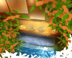 akine_eiri architecture day east_asian_architecture gold_osmanthus lantern no_humans original outdoors plant pond ripples scenery veranda water