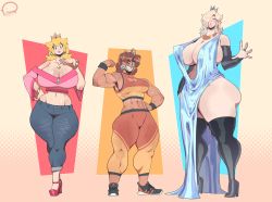 3girls abs alternate_body_size alternate_breast_size blonde_hair blue_dress boots breasts bridal_gauntlets brown_hair capri_pants cleavage cleavage_cutout clothing_cutout crop_top crown dark-skinned_female dark_skin denim dress elbow_gloves flexing gloves grin hair_over_one_eye half-closed_eyes halter_dress halterneck height_difference highres huge_breasts jeans jewelry large_breasts mario_(series) multiple_girls muscular muscular_arms muscular_female muscular_legs necklace nintendo off-shoulder_shirt off_shoulder pants peculiart pink_shirt platform_footwear plunging_neckline princess_daisy princess_peach redesign rosalina shirt shoes side_slit sleeveless smile standing super_mario_bros._1 super_mario_galaxy super_mario_land tall_female teeth thigh_boots wide_hips wide_sleeves wristband