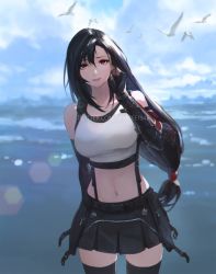 1girl bird black_gloves black_hair black_skirt black_sports_bra breasts cowboy_shot crop_top earrings elbow_gloves elbow_pads facing_viewer final_fantasy final_fantasy_vii final_fantasy_vii_remake fingerless_gloves floating_earring gloves highres jewelry large_breasts lens_flare long_hair looking_at_viewer low-tied_long_hair midriff navel outdoors red_eyes skirt smile solo sports_bra spykeee square_enix sunlight suspender_skirt suspenders swept_bangs tank_top thighhighs thighs tifa_lockhart twitter_username very_long_hair watermark web_address white_tank_top zettai_ryouiki