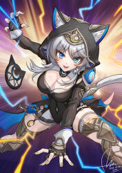 1girl absurdres animal_ear_fluff animal_ears animal_hood armored_boots black_gloves black_leotard blue_eyes boots breasts cat_ears cat_girl cat_hood cat_tail cipher_(honkai:_star_rail) cleavage commentary_request dasoin fang fingerless_gloves gloves gold_boots grey_hair highres honkai:_star_rail honkai_(series) hood large_breasts leotard looking_at_viewer mixed-language_commentary mole mole_on_breast nail_polish open_mouth shorts tail thighs white_shorts yellow_nails
