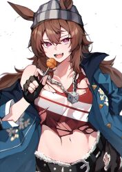 1girl absurdres beanie black_gloves blue_jacket brown_eyes brown_hair candy collared_shirt commentary_request dice dice_necklace fingerless_gloves food food_in_mouth gloves grey_hat hands_up hat highres holding holding_candy holding_food holding_lollipop jacket lollipop long_hair long_sleeves looking_at_viewer midriff misoni_(mi_so_ni_t) nakayama_festa_(umamusume) navel necklace open_mouth red_sweater shirt simple_background single_glove smile solo sweater sweater_vest umamusume upper_body white_background white_shirt
