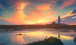 artist_name bird building cloud evening horizon huhv. lighthouse no_humans ocean original outdoors reflection rock scenery sky sun sunset tower water watermark
