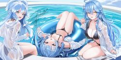 3girls :d :o ahoge anizi bikini black_bikini blue_choker blue_eyes blue_hair breasts choker color_connection flower hair_color_connection hair_flower hair_ornament highres hololive hololive_indonesia hoshimachi_suisei innertube kobo_kanaeru large_breasts long_hair multicolored_hair multiple_girls navel open_mouth pool see-through_clothes see-through_shirt shirt signature small_breasts smile soaking_feet stomach streaked_hair swim_ring swimsuit thighs trait_connection very_long_hair virtual_youtuber water wet white_shirt yellow_eyes yukihana_lamy