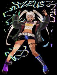 Rule 34 | 1girl, alternate costume, ankle boots, arms up, asymmetrical footwear, belt, black background, black collar, black jacket, black skirt, boots, character name, cloud print, collar, contemporary, crop top, cropped shirt, dark-skinned female, dark skin, ear piercing, electricity, electrokinesis, eyeliner, eyeshadow, fingerless gloves, fishnet thighhighs, fishnets, full body, gloves, greek mythology, green gloves, highres, jacket, jewelry, knee boots, legs apart, lightning bolt symbol, long hair, long sleeves, looking at viewer, makeup, midriff, miniskirt, mismatched footwear, multicolored hair, multiple rings, nail polish, navel, open clothes, open jacket, open mouth, original, oversized clothes, pencil skirt, piercing, pink boots, pink nails, platform shoes, print shirt, punk, purple boots, red eyeliner, red eyeshadow, ring, shirt, short sleeves, single glove, single thighhigh, skirt, smile, solo, spiked boots, spiked collar, spikes, standing, studded belt, t-shirt, teeth, thigh strap, thighhighs, twintails, two-tone hair, upper teeth only, v-shaped eyebrows, wanderjegson, white belt, white shirt, yellow eyes, zeus (mythology)