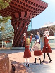 3girls :d arm_up arms_up black_gloves black_pantyhose black_socks blue_hair blunt_ends bob_cut brown_dress brown_hair commentary_request day dollchestra dress from_behind gloves grey_hair grey_socks hair_ornament half_gloves hasu_no_sora_school_uniform highres inverted_bob ishikawa_prefecture kachimachi_kosuzu kanazawa_station kanduki_kamibukuro link!_like!_love_live! long_hair long_sleeves looking_at_another love_live! medium_dress multicolored_hair multiple_girls murano_sayaka open_mouth outdoors pantyhose people photo_background pleated_dress red_eyes red_hair sailor_collar sailor_dress school_uniform shoes short_hair smile socks star_(symbol) star_hair_ornament straight_hair streaked_hair virtual_youtuber walking white_sailor_collar winter_uniform yugiri_tsuzuri