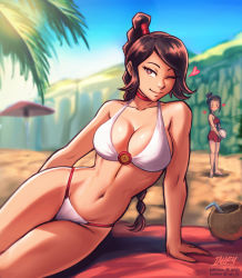 2girls arm_support avatar:_the_last_airbender avatar_legends azula ball beach beach_mat beach_umbrella bikini blurry blurry_background blush braid braided_ponytail breasts brown_eyes brown_hair cleavage coconut hair_bun heart heart-shaped_pupils high_ponytail holding holding_ball iahfy large_breasts legs_together looking_at_another looking_at_viewer lying medium_breasts multiple_girls on_side one_eye_closed ponytail red_bikini single_hair_bun standing swimsuit symbol-shaped_pupils toned ty_lee umbrella volleyball volleyball_(object) white_bikini yuri