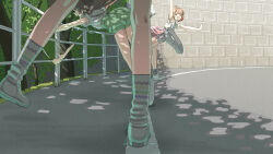 Rule 34 | 3girls, afterimage, ahoge, balancing, brown hair, commentary, feet out of frame, gakuen idolmaster, green shorts, green socks, hanami ume, highres, idolmaster, kuramoto china, multiple girls, outdoors, outstretched arms, railing, road, shadow, shinosawa hiro, shorts, slice of life, smile, socks, standing, standing on one leg, symbol-only commentary, takada (pixiv 97599311), tripping, waving arm