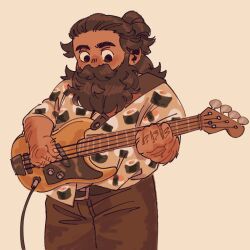 1boy alternate_costume beard beard_over_mouth commentary contemporary cowboy_shot dungeon_meshi dwarf electric_guitar english_commentary facial_hair food food_print grangermonarque guitar hairy holding holding_guitar holding_instrument instrument knuckle_hair long_beard looking_down male_focus music mustache playing_instrument senshi_(dungeon_meshi) solo sparse_arm_hair sushi thick_mustache