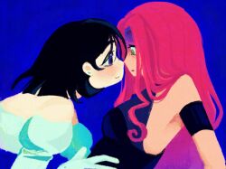 2girls alien_stage armlet black_dress black_hair blue_background blue_eyes bob_cut commentary dilated_pupils dress earrings gloves green_eyes hand_on_another&#039;s_stomach hashtag-only_commentary highres jewelry long_hair mizi_(alien_stage) multiple_girls no_lineart off-shoulder_dress off_shoulder pearl_earrings pink_hair short_hair sleeveless sleeveless_dress smile sua_(alien_stage) white_dress white_gloves yuri zambashon