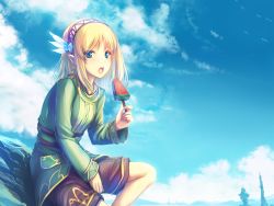 1girl blonde_hair blue_eyes blue_sky breasts cayna cropped elf food hair_ornament highres leadale_no_daichi_nite medium_breasts open_mouth pointy_ears popsicle short_hair shorts sky source_request tagme tenmaso watermelon_bar