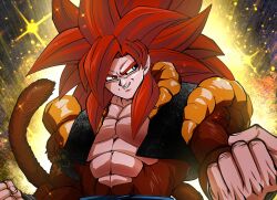 1boy abs blue_sash body_fur dragon_ball dragon_ball_gt gogeta highres long_hair male_focus metamoran_vest monkey_boy monkey_tail muscular muscular_male open_mouth pectorals red_fur red_hair sash simple_background solo spiked_hair super_saiyan super_saiyan_4 tail teeth yuuri_(fukuroudou)