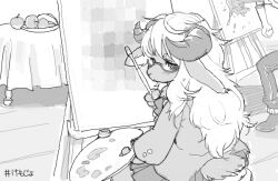 1girl 1other body_fur easel furry furry_male glasses greyscale holding holding_paintbrush horns indoors jacket kikurage_(crayon_arts) long_hair looking_at_viewer looking_back monochrome original paint_palette paintbrush painting_(action) painting_(object) ringed_eyes school_uniform sheep_girl skirt solo table tail