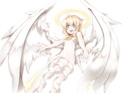 Rule 34 | 1girl, angel, angel wings, blonde hair, blue eyes, breasts, feathered wings, frfr, game cg, halo, hexagram, large breasts, lucifina (mon-musu quest!), mon-musu quest!, mon-musu quest: paradox, naked ribbon, navel, nose, open mouth, outstretched arms, ribbon, smile, star of david, thighs, white ribbon, white wings, wings, yellow halo