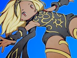 1girl arm_warmers beeru_(veil8801) black_arm_warmers black_bodysuit black_hairband black_scarf blonde_hair blue_background bodysuit breasts covered_erect_nipples dark-skinned_female dark_skin floating_hair gold_thighlet gravity_daze hairband jewelry kitten_(gravity_daze) long_hair outstretched_arms parted_bangs red_eyes scarf simple_background small_breasts solo spread_arms thighlet
