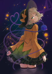 Rule 34 | 1girl, artistic error, black hat, black thighhighs, blush, closed mouth, collared shirt, cowboy shot, eyeball, floral print, frilled skirt, frilled sleeves, frills, green eyes, green hair, green skirt, hat, hat ribbon, heart, heart of string, highres, iris anemone, komeiji koishi, long sleeves, ribbon, rose print, shirt, short hair, skirt, smile, solo, thighhighs, third eye, touhou, wide sleeves, wrong hand, yellow ribbon, yellow shirt