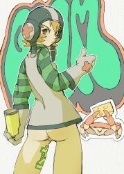 Rule 34 | 1girl, absurdres, bare legs, blonde hair, body writing, bottomless, brown eyes, brown hair, cheese, cowboy shot, crab, dress, food, from behind, gloves, graffiti, green shirt, gum (jsr), helmet, highres, jet set radio, long sleeves, looking at viewer, looking back, pantsu-ripper, pussy, shirt, shirt under dress, short dress, solo, spray can, spray paint, streetwear, striped sleeves, underwear, white dress