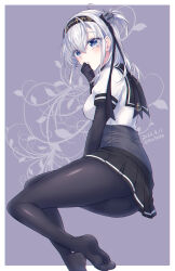 1girl anchor_symbol ass black_bodysuit black_headwear black_skirt blue_eyes blush bodysuit border clothes_writing cosplay dated hachimaki hair_between_eyes hatsuzuki_(kancolle) hatsuzuki_(kancolle)_(cosplay) headband highres kabocha_torute kantai_collection long_hair no_shoes one_side_up parted_lips pleated_skirt puffy_short_sleeves puffy_sleeves revision school_uniform serafuku short_sleeves skirt solo suzutsuki_(kancolle) twitter_username white_border white_hair