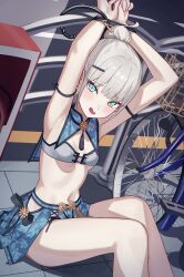 1girl arm_strap armpits arms_up bare_legs bare_shoulders bicycle blue_eyes blue_sailor_collar blue_skirt bound bound_wrists bra breasts feet_out_of_frame grey_bra hair_bun highres hip_vent looking_at_viewer miniskirt navel open_mouth original rin_yuushi_(suumon) sailor_collar short_hair skirt small_breasts solo stomach suumon thighs underwear white_hair