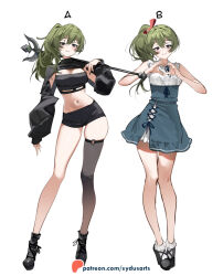 1girl alternate_costume artist_name black_footwear black_shorts black_shrug black_tube_top blue_dress breasts cleavage closed_mouth commentary contrapposto dress english_commentary frilled_socks frills green_hair half-closed_eyes heart heart_hands holding holding_polearm holding_weapon large_breasts legs long_sleeves navel over_shoulder parted_lips patreon_logo patreon_username polearm puffy_sleeves purple_eyes shoes shorts shrug_(clothing) side_ponytail simple_background smile socks sousou_no_frieren staff standing strapless sydus thighs tube_top ubel_(sousou_no_frieren) watermark weapon weapon_over_shoulder web_address white_background white_socks